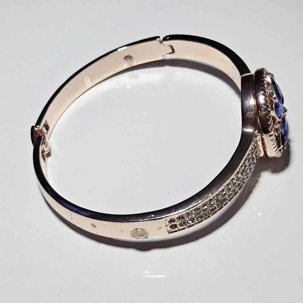 Rose Gold Snap Bracelet Blue And Clear Rhinestone Flower Approx 7